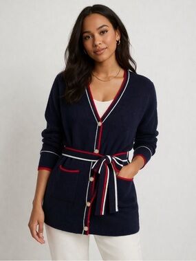 Vigoss Cardigan Classic Blue V Neck Pearl Button Front Belted NWT